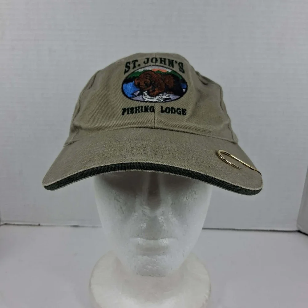 St Johns Fishing Lodge Hat Khaki Tan Bear Embroidery Fish Hook 2006‎ Flags Mens